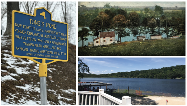 Above, left, the current plaque that adorns the pond, attributing the origins of the lake to “Tone.” Right above, a postcard of the lake circa early 20th Century; below right, a current image of the vital and picturesque lake.